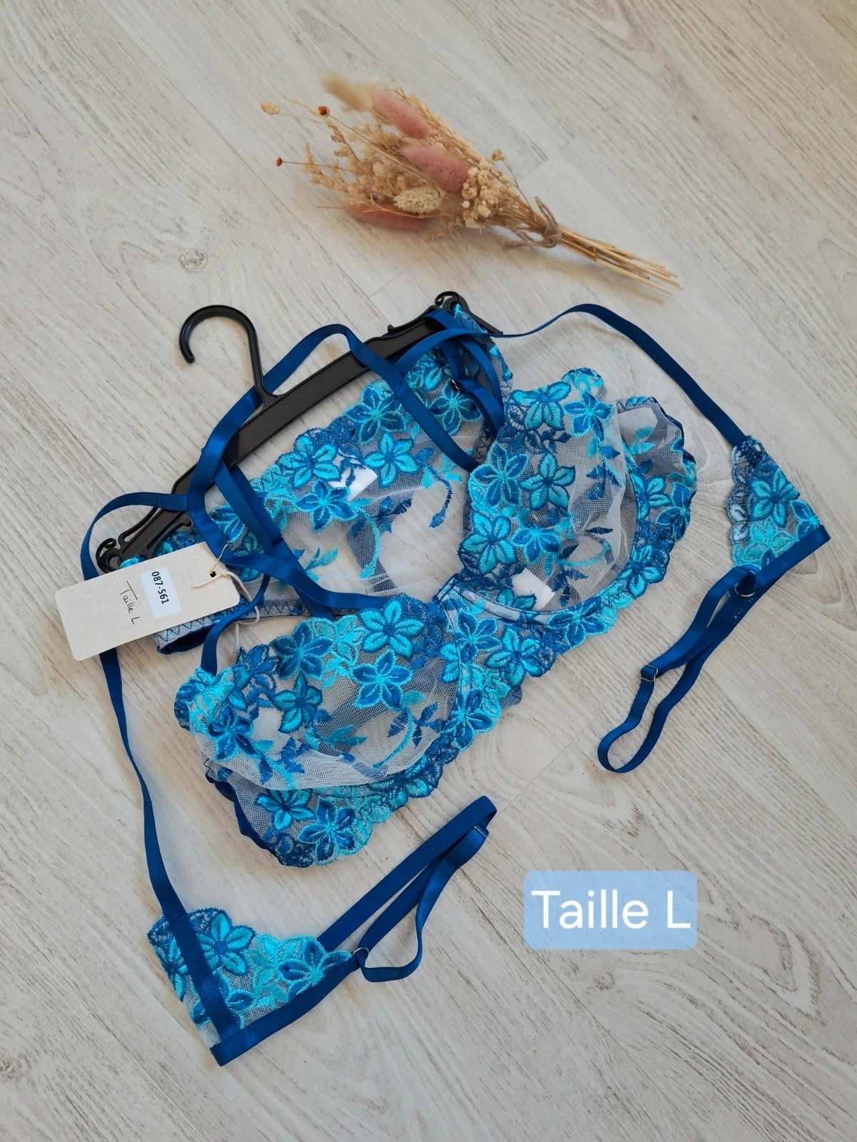💙 Ensemble lingerie femme 3 pièces bleu fleuri/transparent/blanc – Taille L – NEUF
